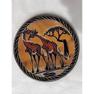 Soapstone Plate African 2 Giraffes And Tree In The Savanna 6” Hand Carved Kenya